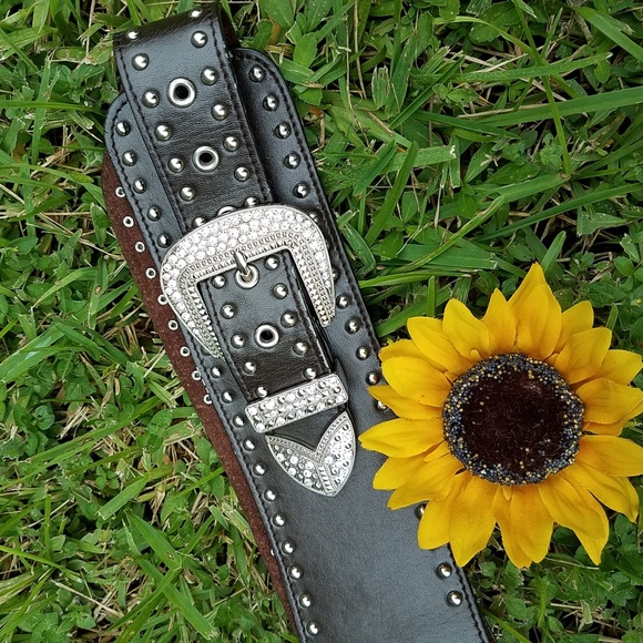 Leather belt with rhinestones sz. M/L - Picture 7 of 12